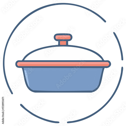 Illustration of a blue casserole dish with a coral lid and handle, set within a circular frame.