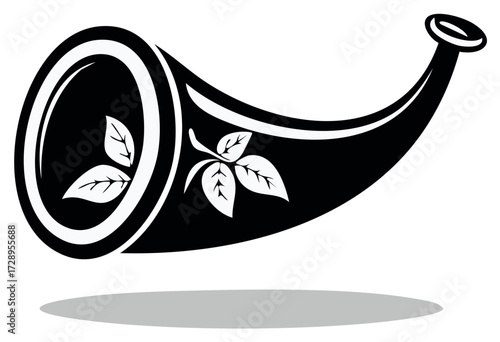 Cornucopia horn of plenty symbol with leaf design, black and white vector illustration for abundance and harvest.