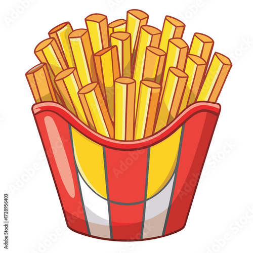 Cartoon french fries in a red and yellow striped container