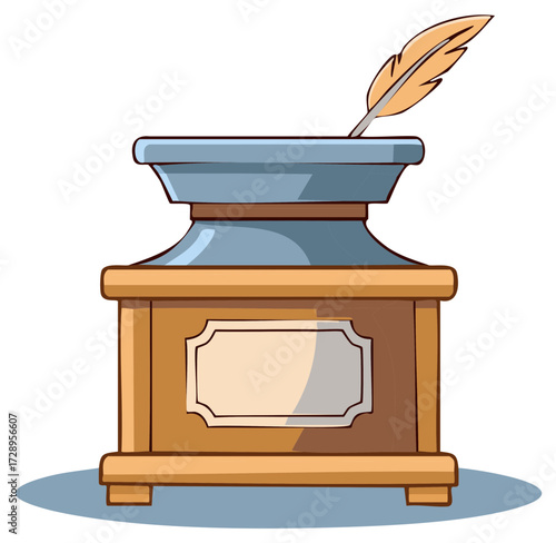 Antique Inkwell with Quill Pen Illustration Traditional Writing Accessories Art