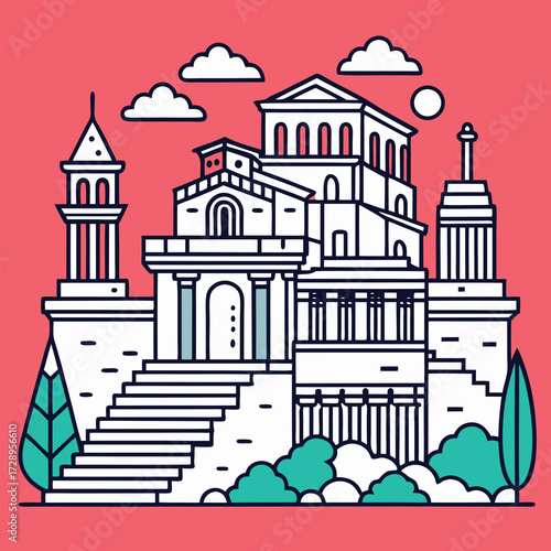 Intricate line art illustration of ancient historical ruins and archaeological structures with detailed architectural elements
