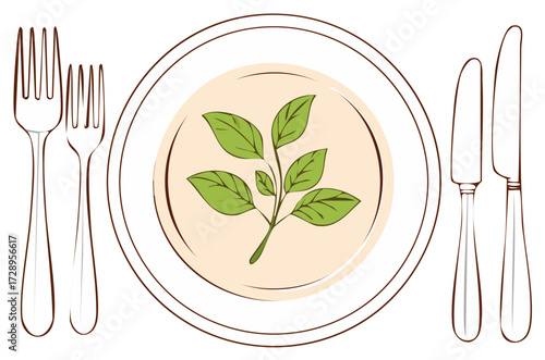 Healthy eating table setting with fresh green leaves on plate and elegant cutlery illustration