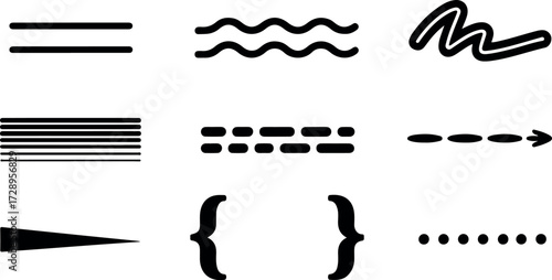 Collection of black line doodles, featuring various styles including straight lines, wavy lines, zigzags, brackets, and dotted lines in a simple design