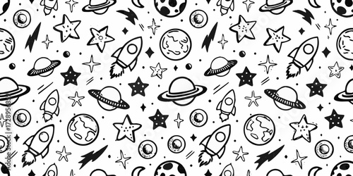 Whimsical hand drawn doodle space pattern with rockets planets stars and lightning bolts