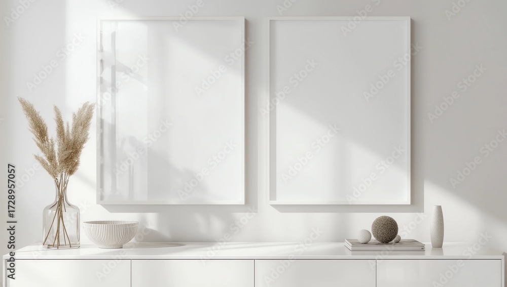 Fototapeta premium Interior Mockup with two white frames against the background