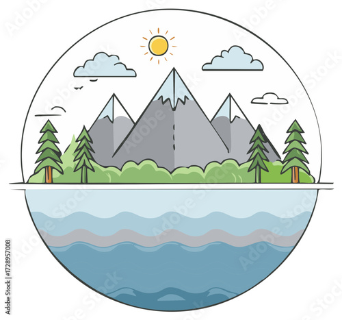 Stylized mountain range reflected in calm water under a sunny sky with clouds and trees