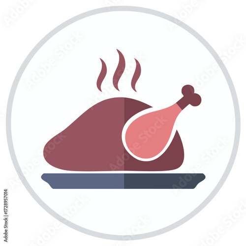 Hot roasted turkey or chicken on a platter steaming icon graphic illustration
