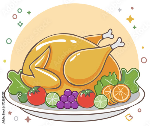 Festive Roasted Turkey Holiday Dinner with Fruit and Vegetable Garnish