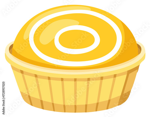 Yellow bun with white frosting swirl in a paper muffin cup