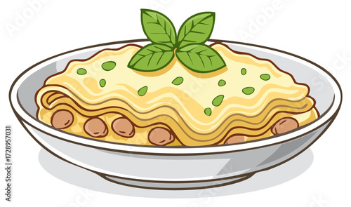 Tasty lasagna served on bowl with basil illustration Delicious Italian Cuisine Cartoon