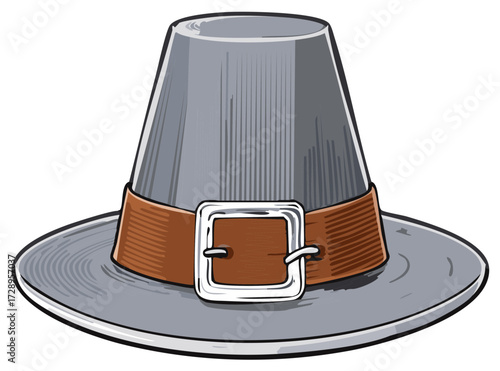 Traditional gray pilgrim hat with a brown band and silver buckle illustration