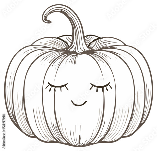 A cute hand drawn pumpkin character with a smiling face vector line art illustration for Halloween