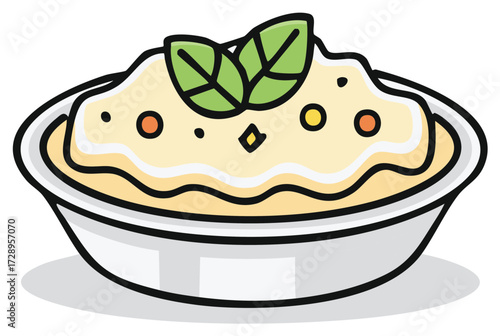 Creamy Vegetable Puree Topped with Herbs in White Bowl Cartoon Style Isolated Illustration