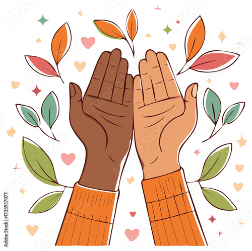 Diverse hands together with leaves and hearts, unity and care concept.