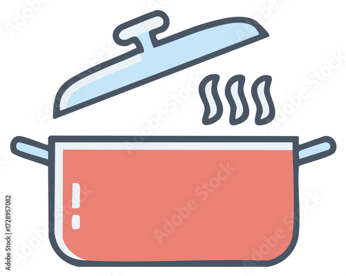 Cooking Pot Illustration with Steam and Lid, Kitchenware Icon, Food Preparation Graphic