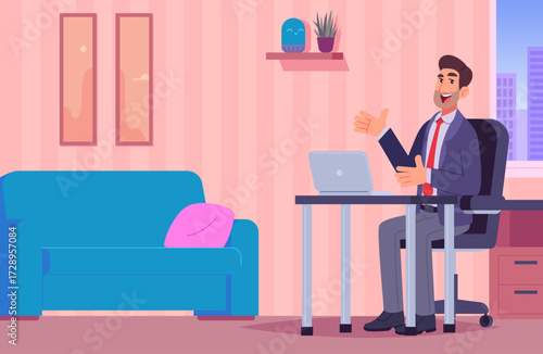 Cartoon businessman working on laptop at home office interior