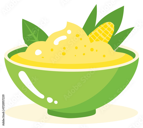 Creamy Corn Soup in a Green Bowl with Leaves - Vector Illustration for Food Designs