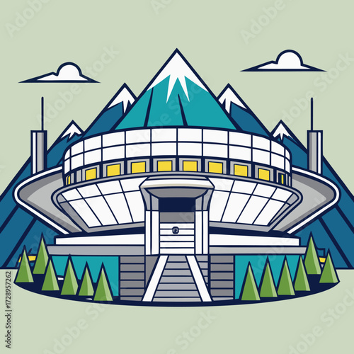 Futuristic stadium architecture design with vibrant colors and modern aesthetic
