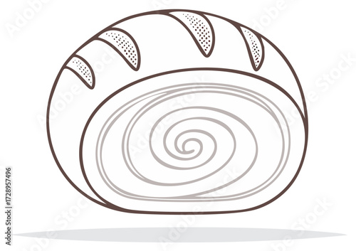 Hand drawn swirl bread roll illustration. Minimalist line art of a baked pastry or loaf with a spiral pattern.