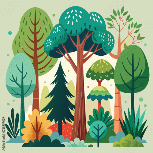 Charming hand drawn woodland trees illustration with natural forest elements and rustic charm