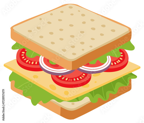 Isometric Sandwich with Cheese, Lettuce, Tomato, and Onion, Vector Illustration