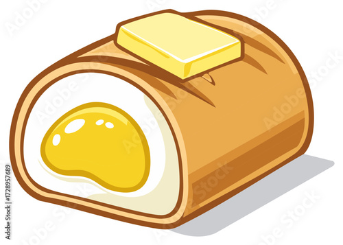 Illustration of a fried egg inside of a roll with a butter topping.