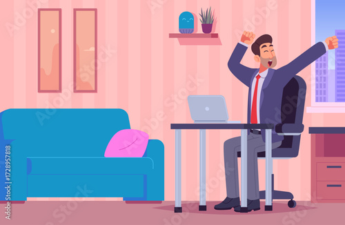 Cartoon businessman yawning and stretching at desk with laptop in his home office