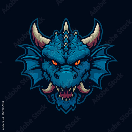 Fierce blue dragon head with horns, wings, fangs, and glowing orange eyes