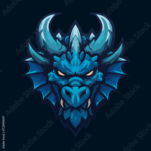 Blue dragon head, menacing eyes, horns and fangs