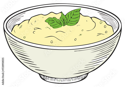 Creamy yellow puree or mashed potatoes with fresh green basil leaves in a classic bowl illustration