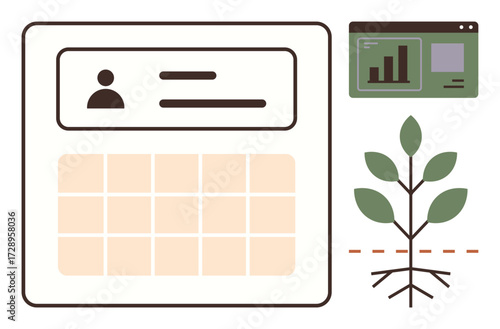 User profile card with personal info, analytics chart, and sprouting plant emphasizing growth, progress, and organization. Ideal for productivity, strategy, environment, business trends learning