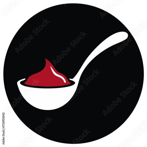 White Spoon Filled with Red Sauce or Ketchup Against a Black Circle Background