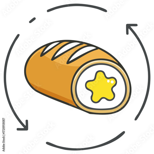 Cartoon bread roll with star shaped filling and circular arrows symbol for food processing or delivery