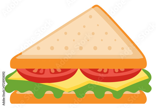 Illustration of a freshly made sandwich with bread cheese lettuce and tomato slices arranged in a cross section style