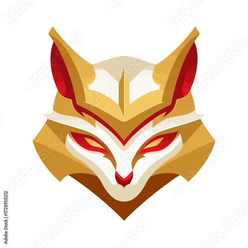 Angular, geometric fox head with red eyes, gold fur and white markings