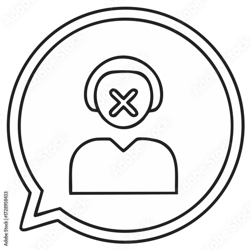 Outline icon of a person with an X over their face inside of a speech bubble, indicating they are muted or cannot talk.