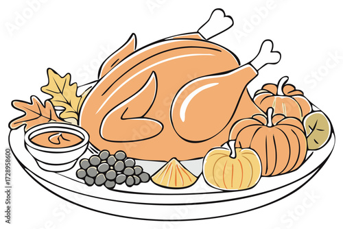 Festive cartoon roasted turkey with pumpkins and autumn leaves for Thanksgiving celebration
