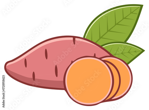 Cartoon sweet potato tuber with round slices and leaves isolated vector illustration