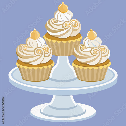 Elegant threetiered cupcake stand with swirled frosting and golden cherry toppings