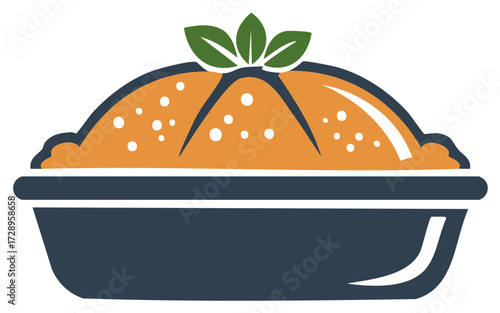 Illustration of baked dish decorated with green leaves, isolated on white.