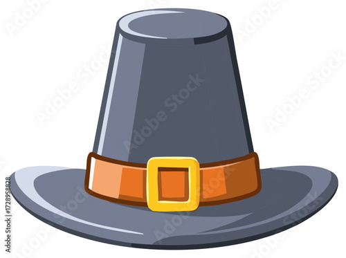 Pilgrim hat illustration with a wide brim, orange band with a buckle on it.