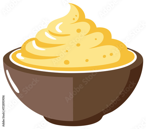 Creamy yellow dessert in dark brown bowl, food concept illustration