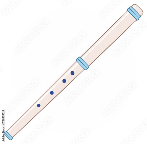 Simple Cartoon Style Illustration of a Light Colored Wooden Flute with Blue Bands