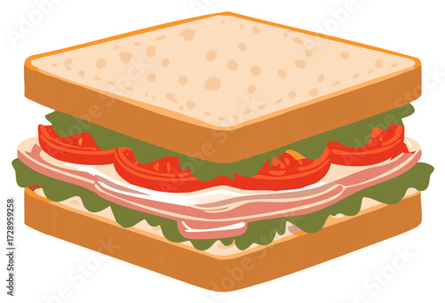 Classic multilayered sandwich illustration with fresh lettuce tomato and savory ham or bacon slices ready for a delicious meal