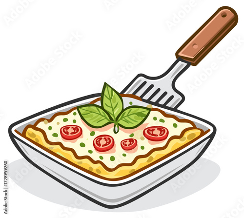Homemade Vegetable Lasagna in Baking Dish Topped with Basil and Cherry Tomatoes Delicious Dish served with Spatula