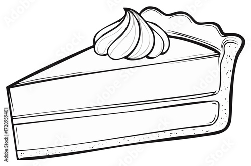 Slice of pie with whipped cream, outline illustration