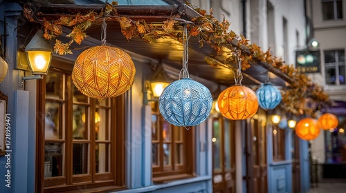 Decorative lanterns illuminate a cozy restaurant's exterior, creating a welcoming atmosphere as night falls