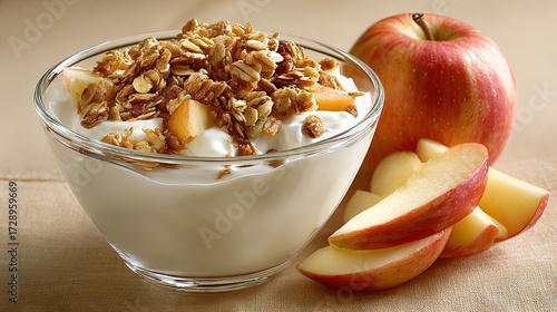 Glass bowl of yogurt topped with crunchy granola and apple slices beside fresh whole apple, highlighting healthy breakfast with natural ingredients