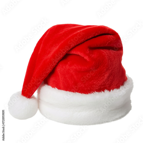 Santa Claus red hat isolated on a transparent PNG background. Traditional holiday Christmas cap. Festive element.