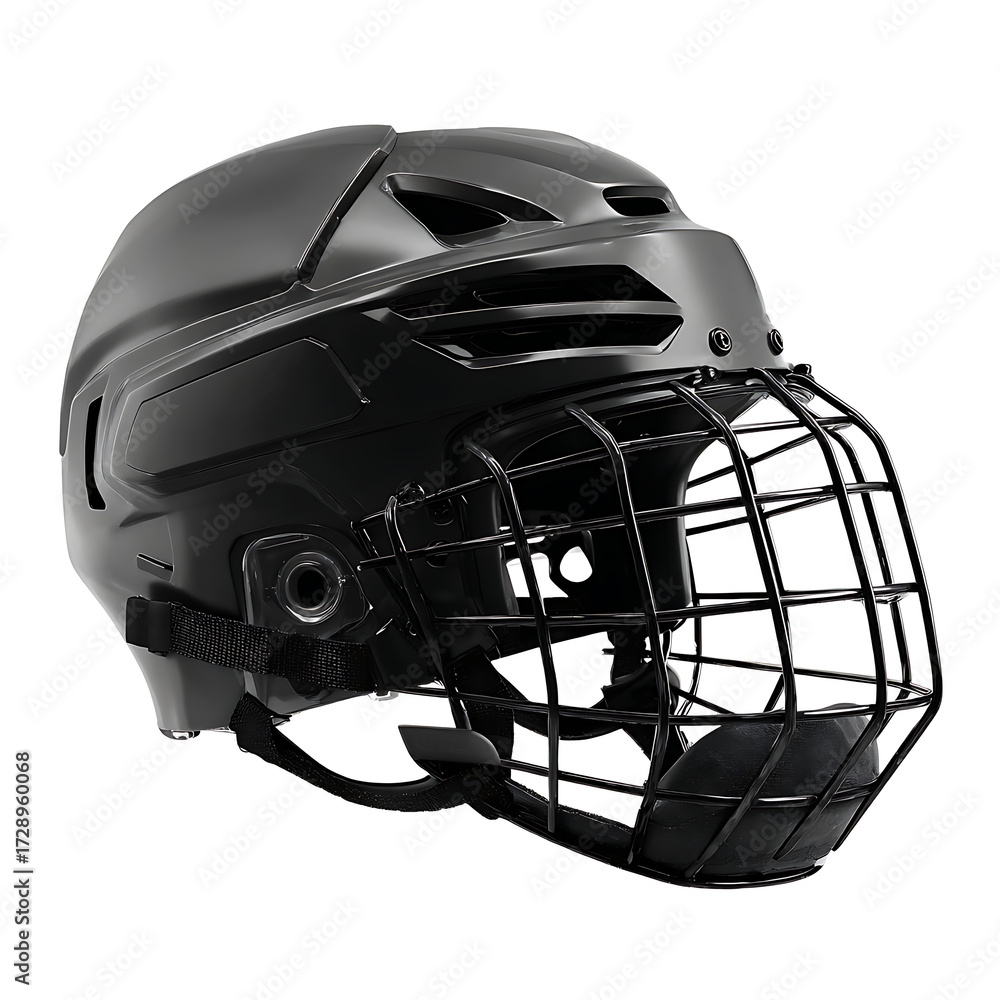 Naklejka premium Sleek black hockey helmet with protective cage for intense play